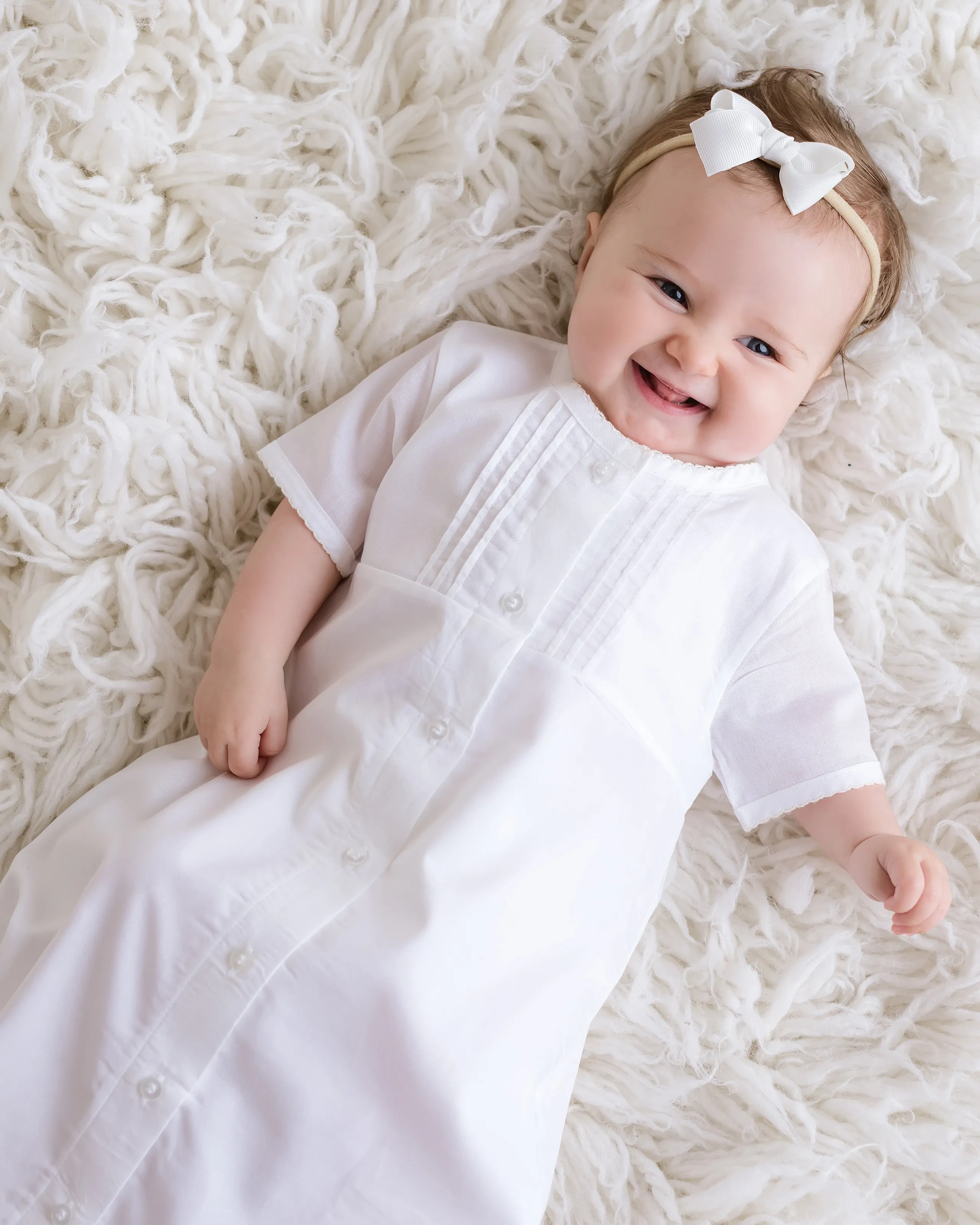 Classic Batiste Day Gown, White with Ivory Trim