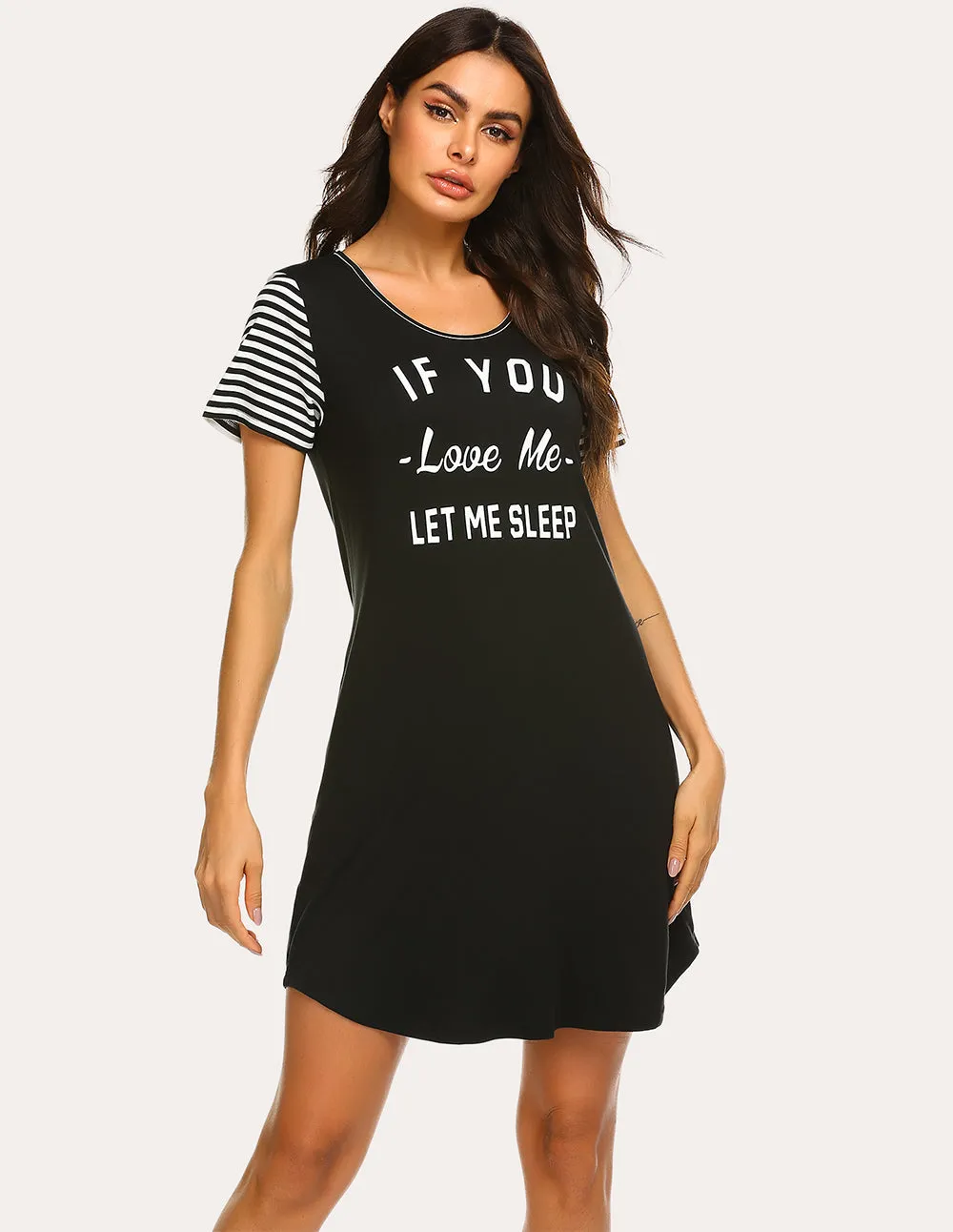 Ekouaer Striped Short Sleeve Printed Nightdress (US Only)