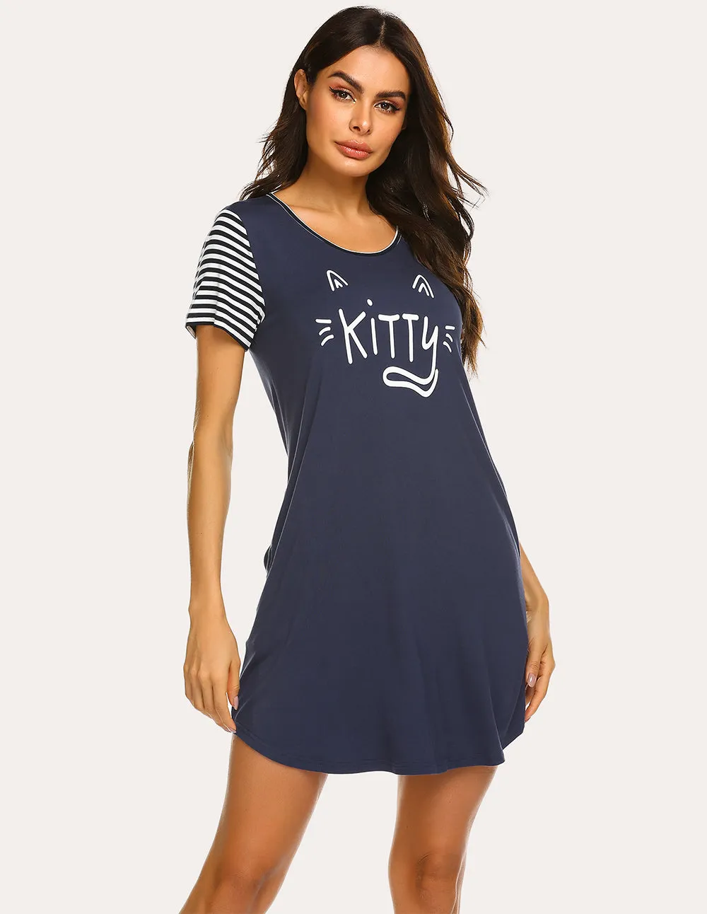 Ekouaer Striped Short Sleeve Printed Nightdress (US Only)
