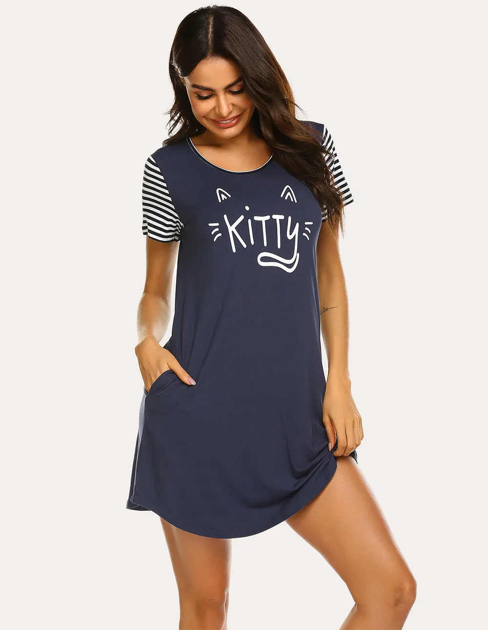 Ekouaer Striped Short Sleeve Printed Nightdress (US Only)