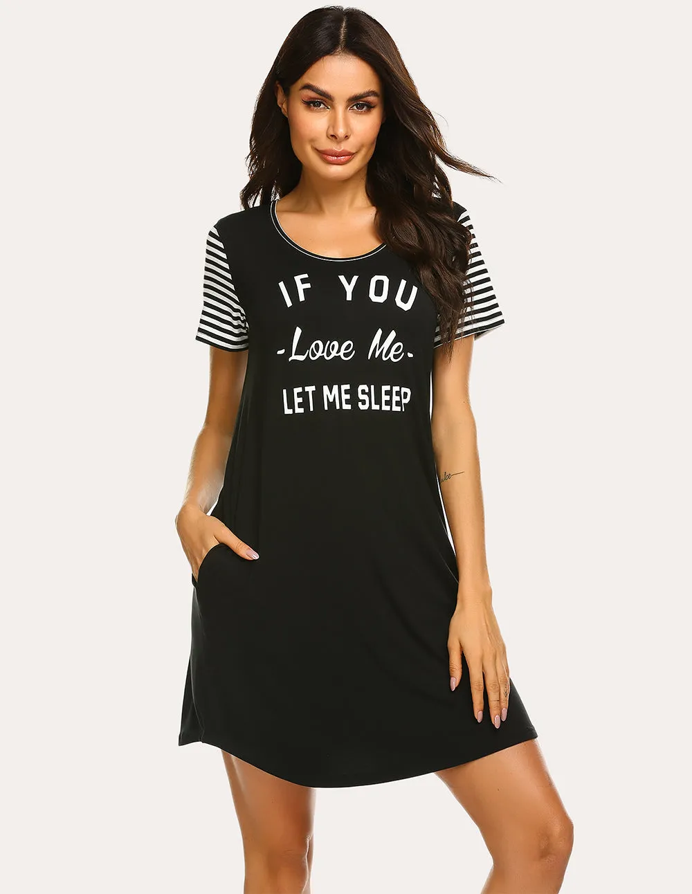 Ekouaer Striped Short Sleeve Printed Nightdress (US Only)