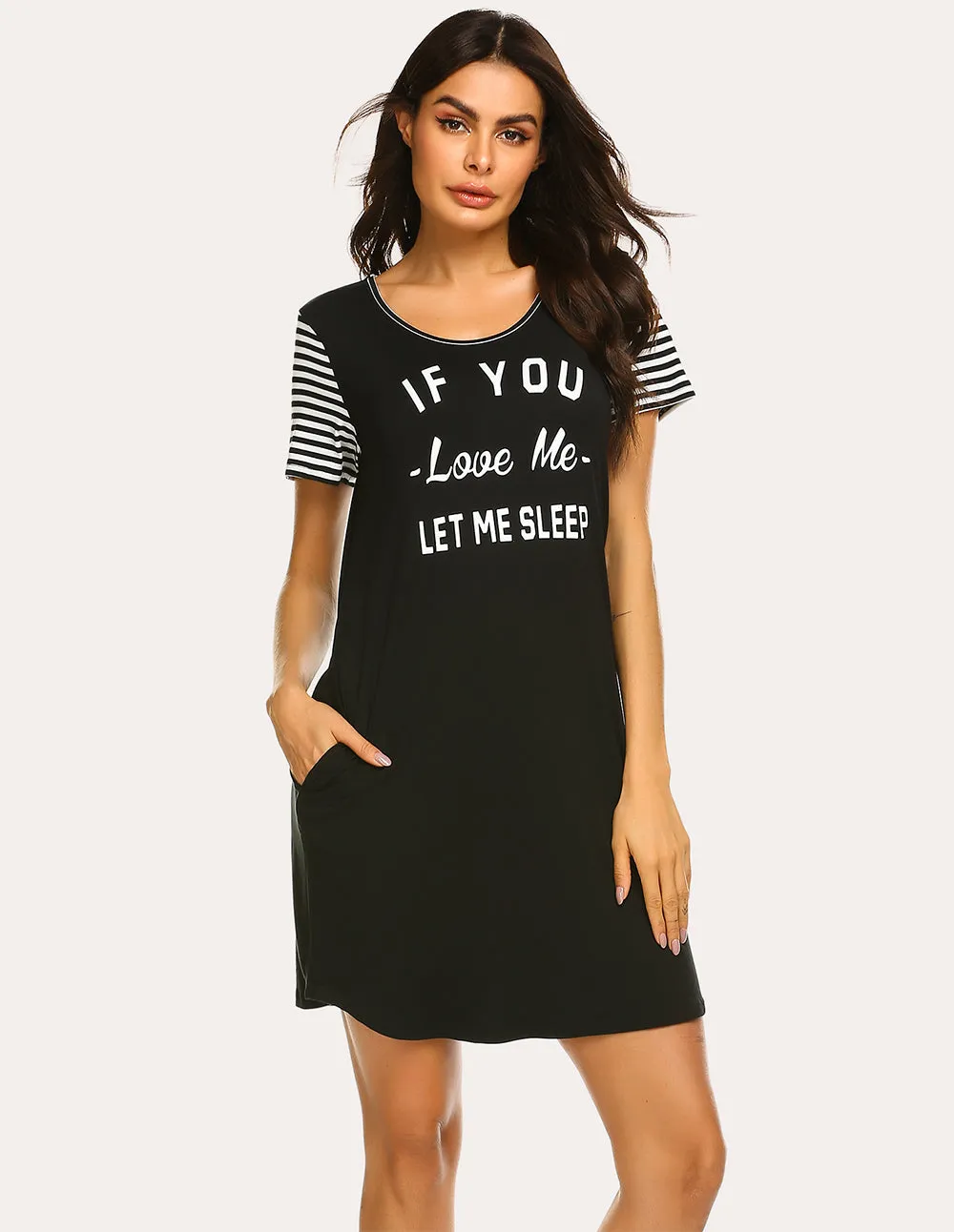 Ekouaer Striped Short Sleeve Printed Nightdress (US Only)