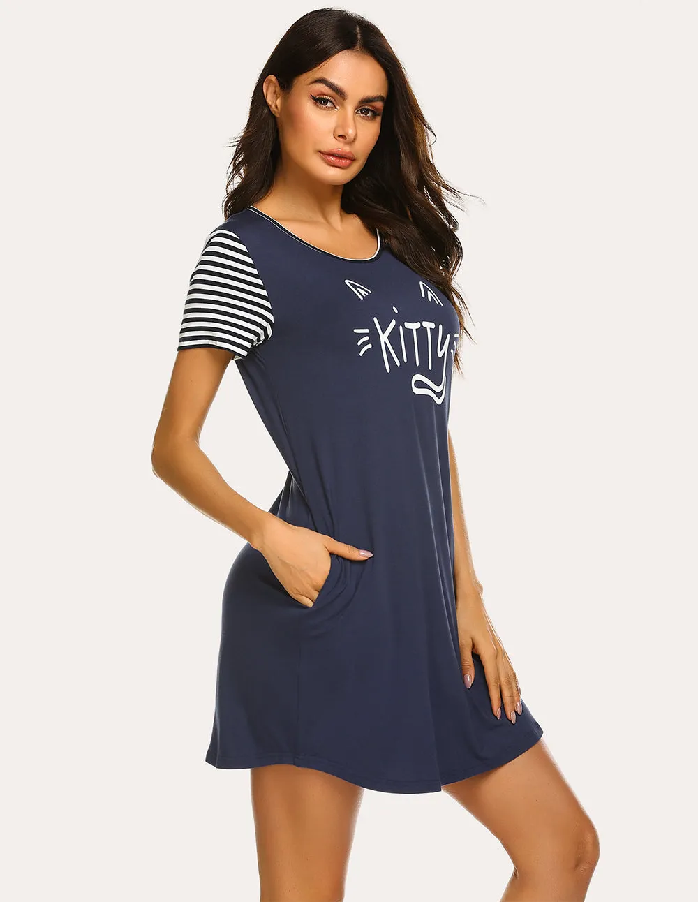 Ekouaer Striped Short Sleeve Printed Nightdress (US Only)