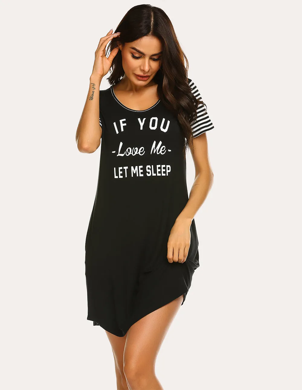Ekouaer Striped Short Sleeve Printed Nightdress (US Only)