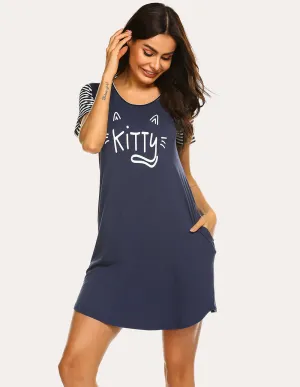 Ekouaer Striped Short Sleeve Printed Nightdress (US Only)