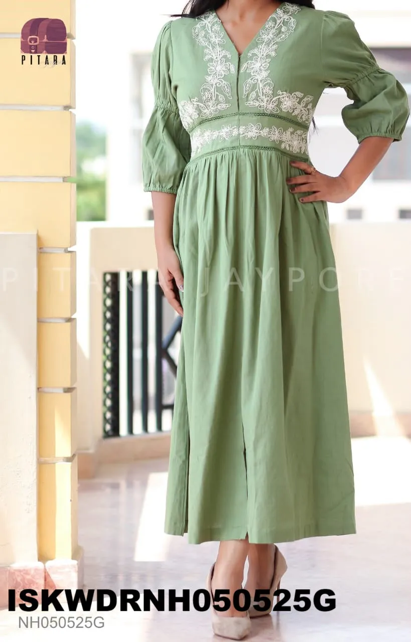 Embroidered Linen Cotton Front Slit Dress-ISKWDRNH050525G/NH050525P