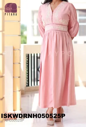 Embroidered Linen Cotton Front Slit Dress-ISKWDRNH050525G/NH050525P
