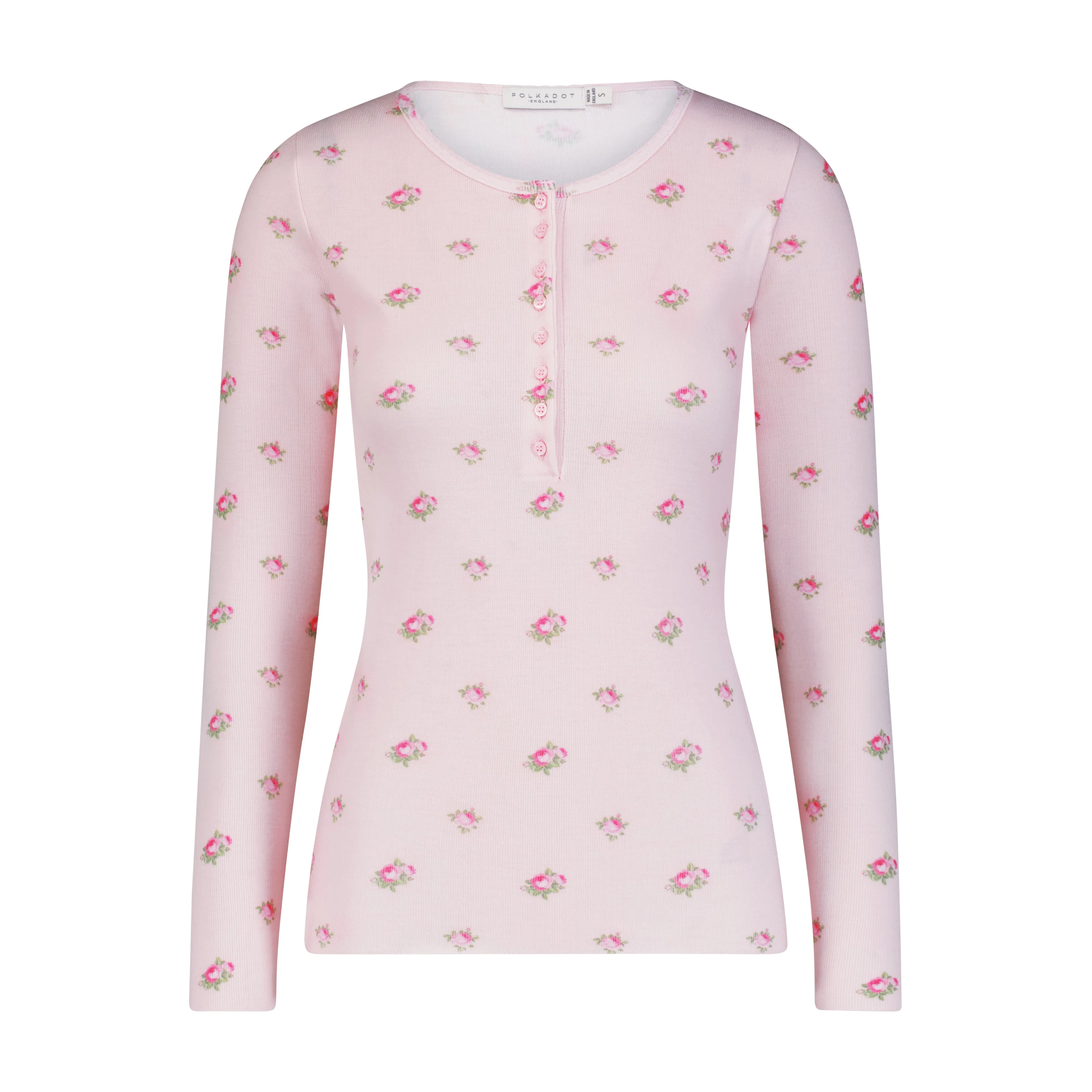 Polkadot PINK VINTAGE ROSE Print HENLEY 8 Button Fitted LS